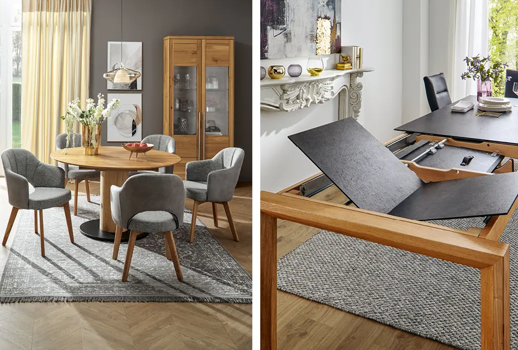 Aus rund wird oval, wenn der Esstisch ausziehbar ist. Die Bootsform und eckige Esstische sind ebenfalls beliebt.