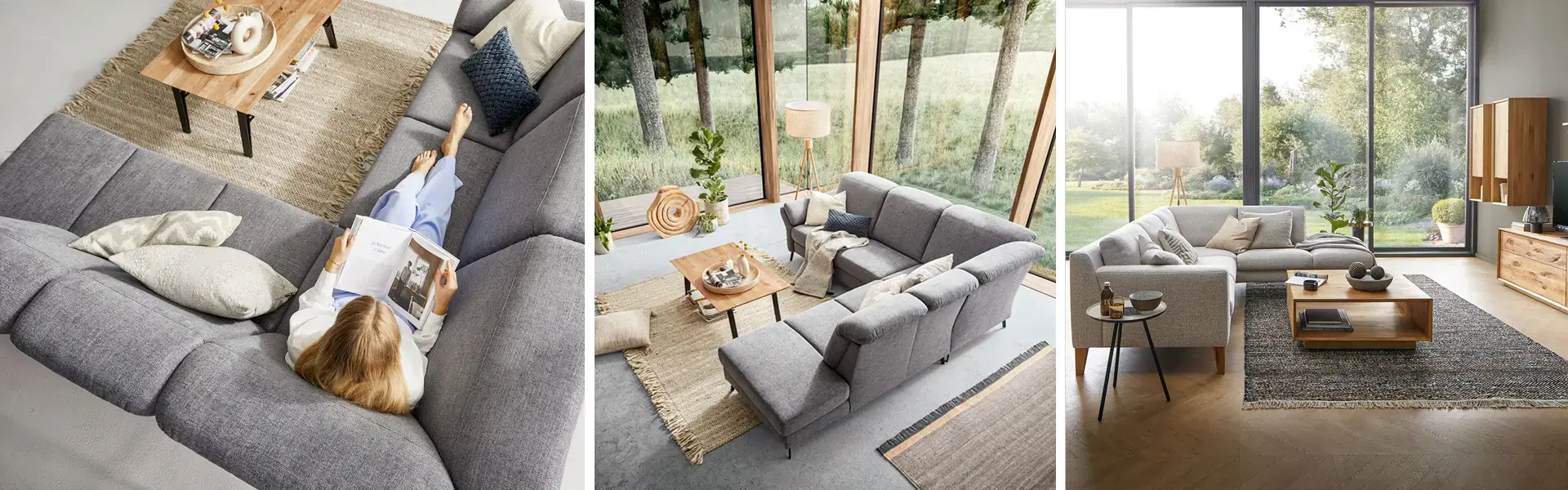 Dreiteiliges Motiv mit grauen Sofas in drei Wohnzimmern, mit Holzcouchtischen, Teppichen und grossen Fensterfronten zum Garten.