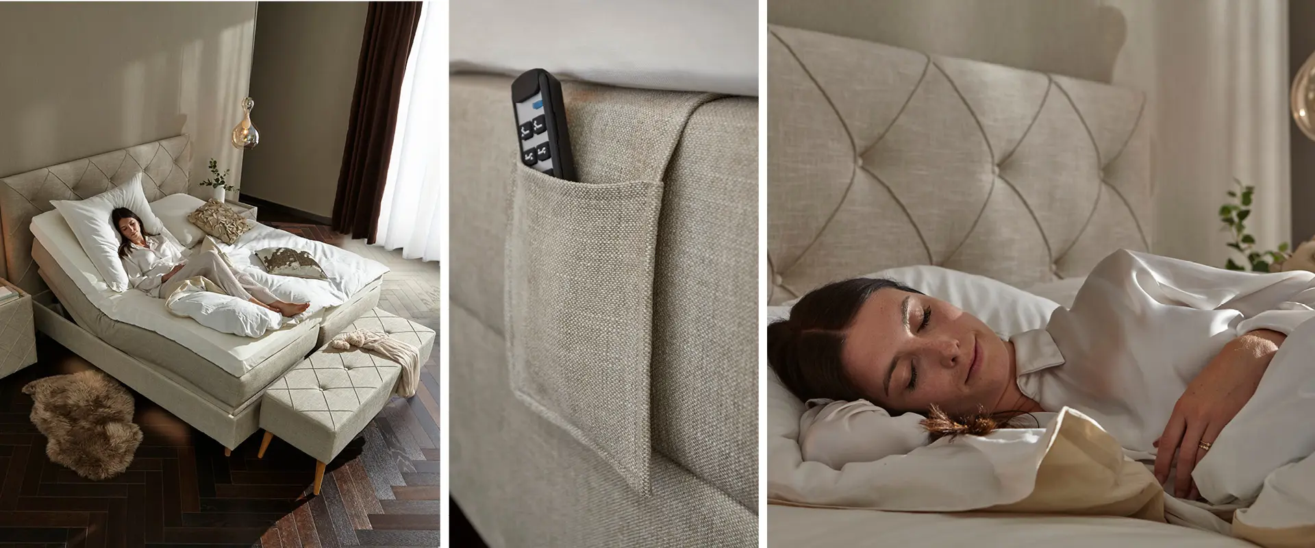 Entspannt schlafende Frau im elektrisch verstellbaren Boxspringbett Global Belina mit einer Tasche für die Fernbedienung