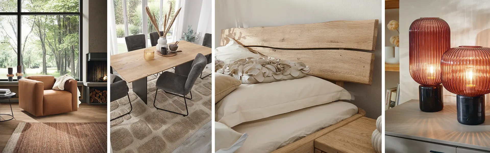Ledersessel in hellem Raum mit Holzboden, Esstisch aus Holz mit dunklen Stühlen auf Teppich vor Fenster, Kopfteil eines Polsterbetts aus Holz im natürlichen Look, zwei dekoraktive Lampen in Rotbraun