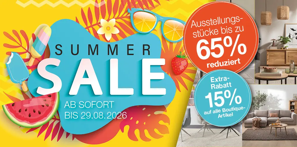 Summer Sale ab sofort bei Moebel rommel in meldorf mit bis zu 65% Rabatt auf Ausstellungsstücke