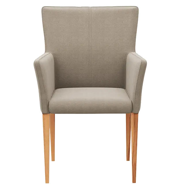 Beiger Armlehnstuhl mit Holzgestell.