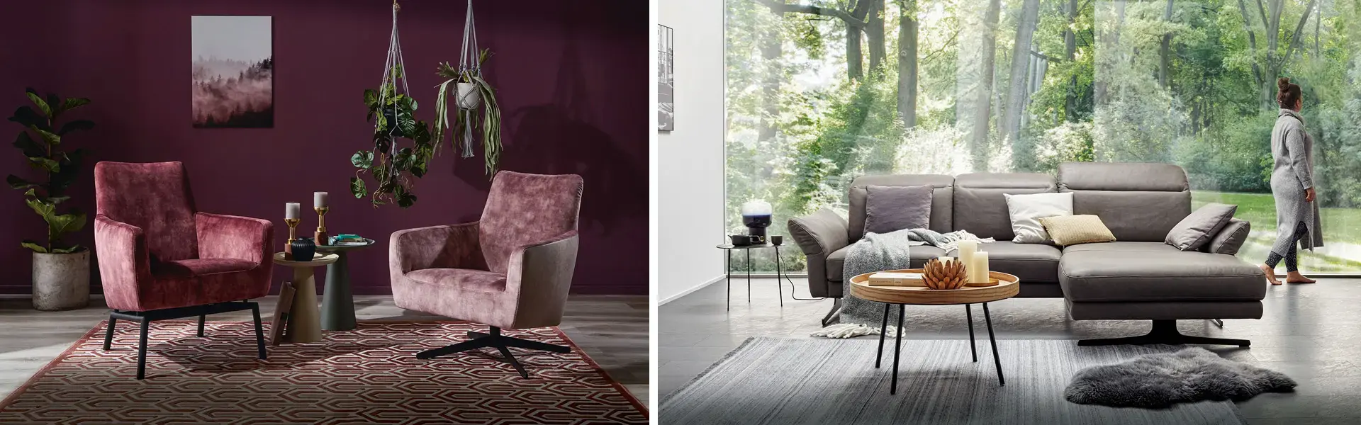 Zweiteiliges Motiv mit zwei rosafarbenen Sesseln vor dunkler Wand links und grauem Sofa mit Chaiselongue vor grossem Fenster und Person rechts.