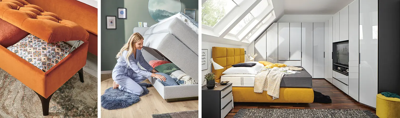 Stauraum im Schlafzimmer schaffen Sie durch Möbel und tolle Ideen.