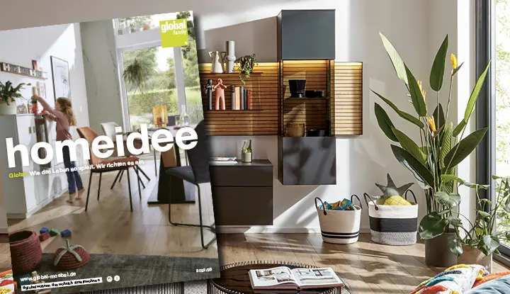 Moderne schwarze Wohnwand mit Holzelementen, zwei passende runde Couchtische von Global Family