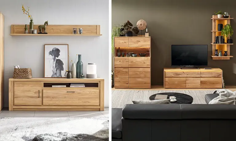 Im Wohnzimmer kommt die Wohnwand mit Sideboard, Lowboard und Higboard aus Holz sehr gut an. 