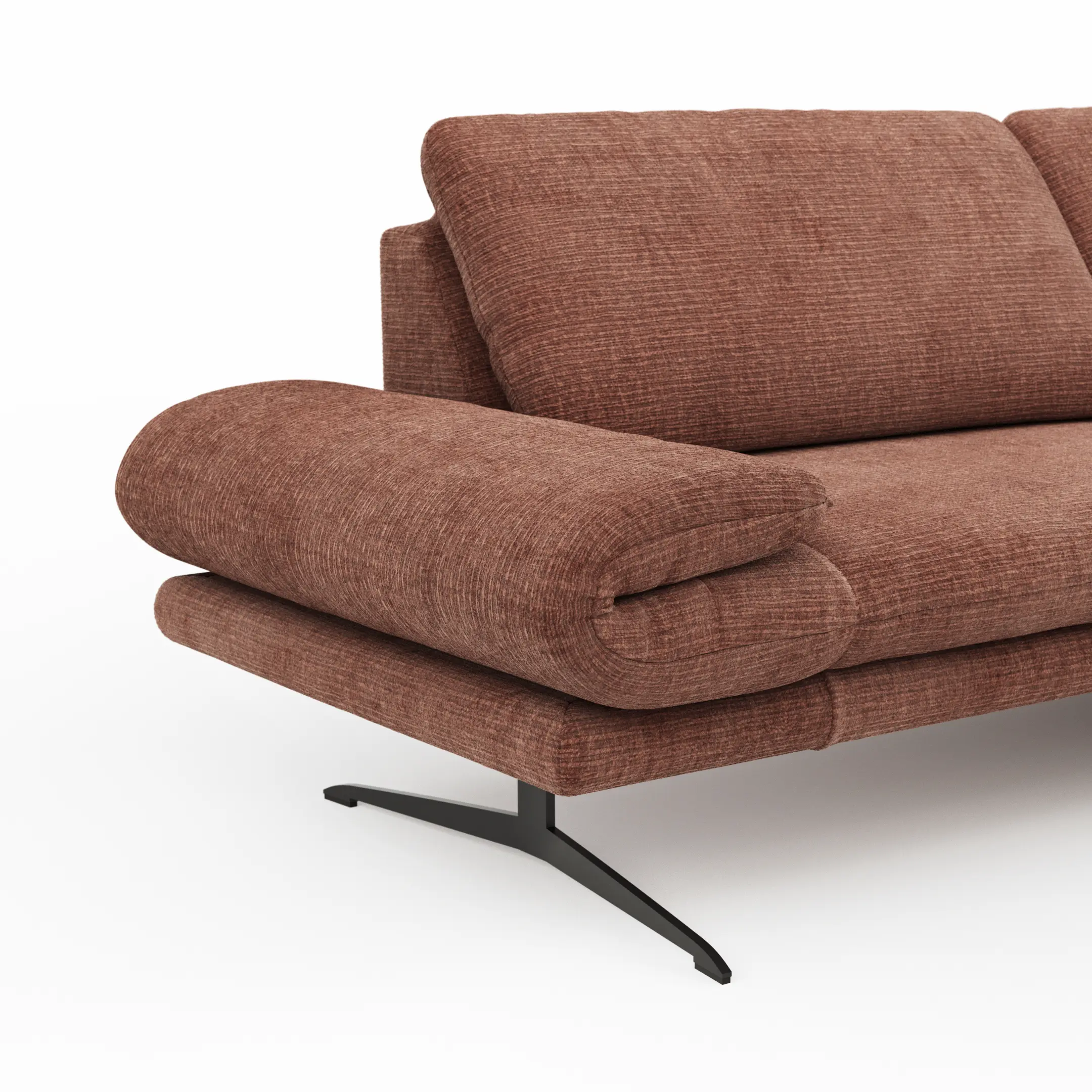 Sofa Hubertus in Terracotta Stoff mit flacher abgerundeter klappbarer Armlehne