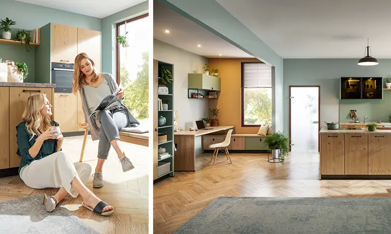 In der Wohnküche ist Raum für Freunde und Familie. Häufig ist sie mit einer Kücheninsel ausgestattet.