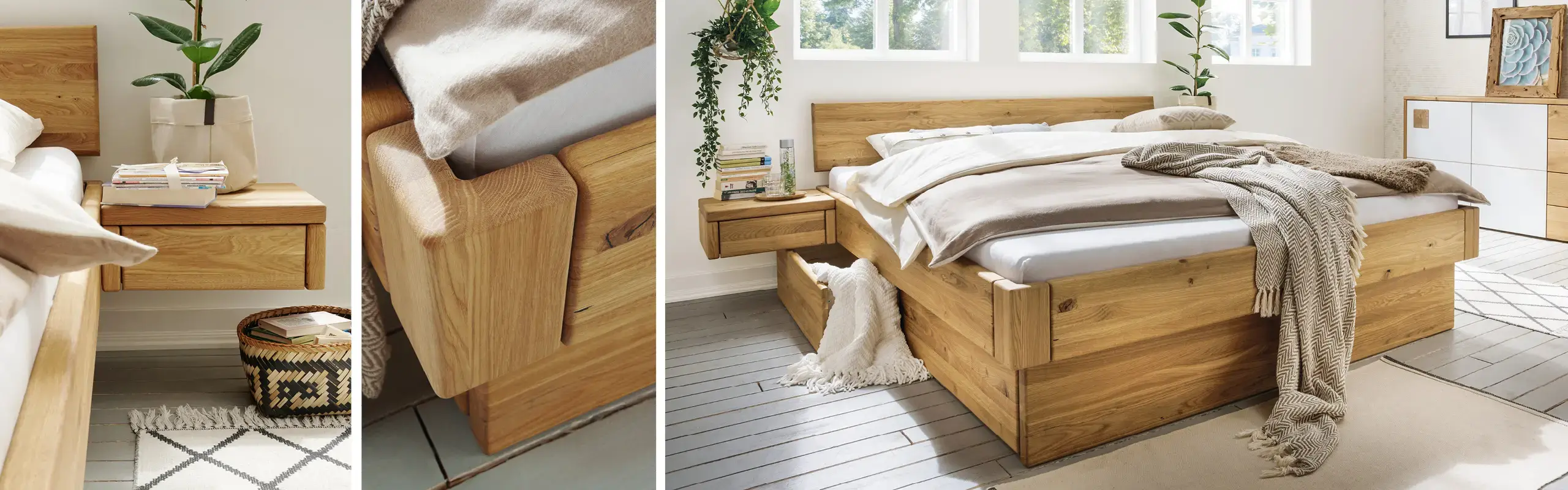 Holzbett mit geöffnetem Bettkasten, Nachttisch, Pflanze und gefalteter Decke