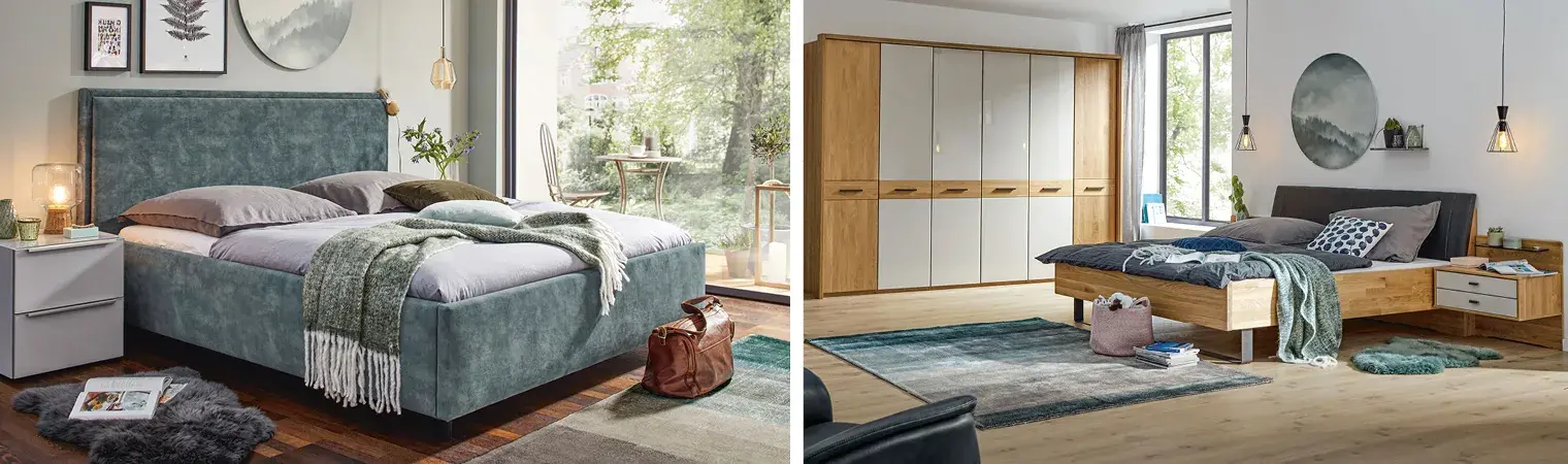 Teppiche und Vorhänge sorgen für eine angenehme Atmosphäre im Schlafzimmer.