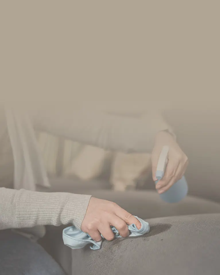 Hand sprüht Reinigungsmittel auf graues Polster und wischt mit Tuch über die Oberfläche eines Sofas