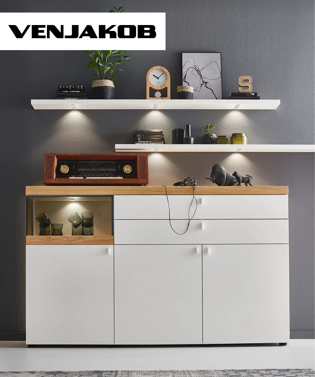 Weisses Venjakob Highboard mit Holzakzenten und Regalelement