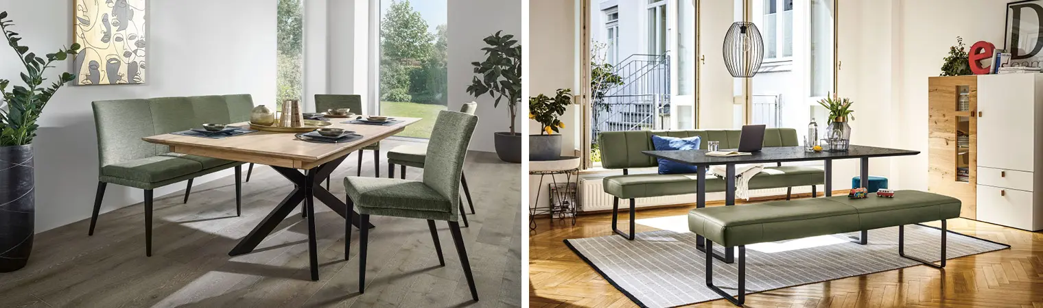 Die Sitzbank im Esszimmer sorgt für Platz und Gemütlichkeit. 