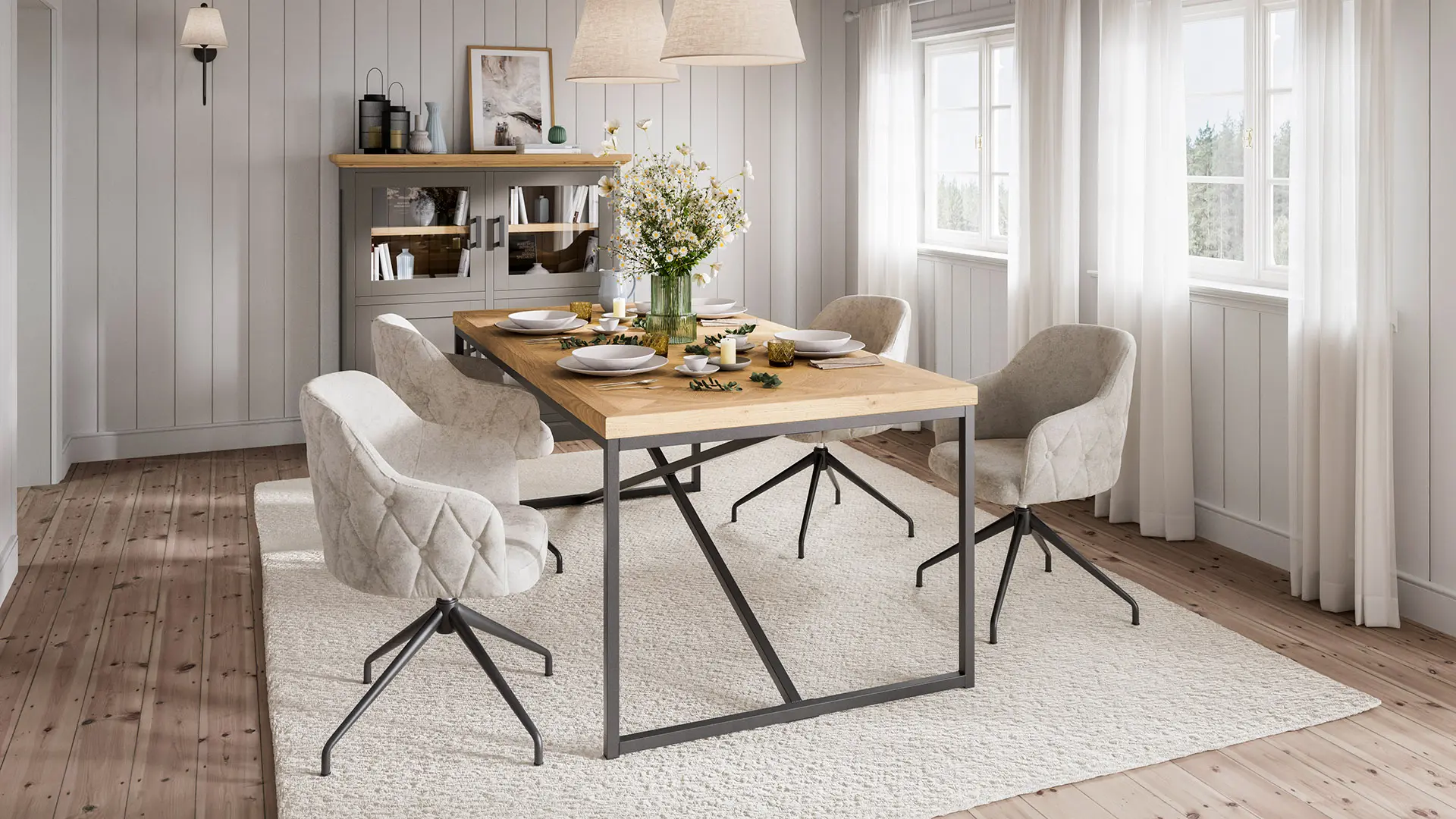 lebensart Litchfield Esszimmer im Landhausstil mit grauem Buffetschrank und Massivholztisch