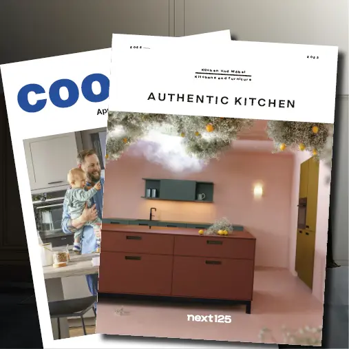 Global Kuechen und Next125 Katalog vor abgedunkeltem Hintergrund