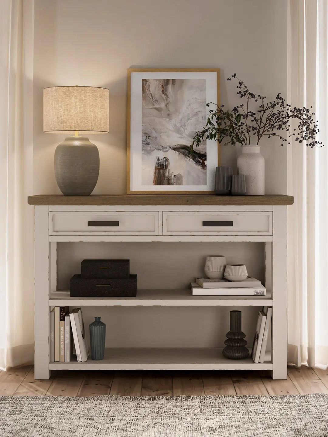 Konsole Litchfield in Weiß mit Holz-Akzent