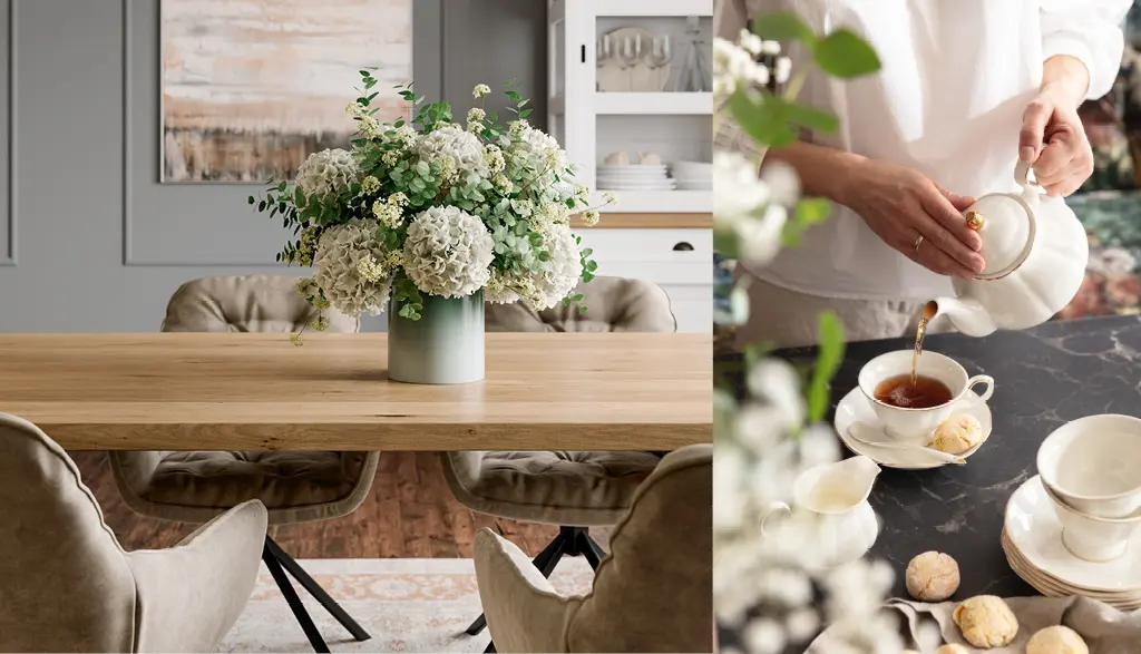 Esszimmer mit schönem Blumenstrauß auf dem Tisch