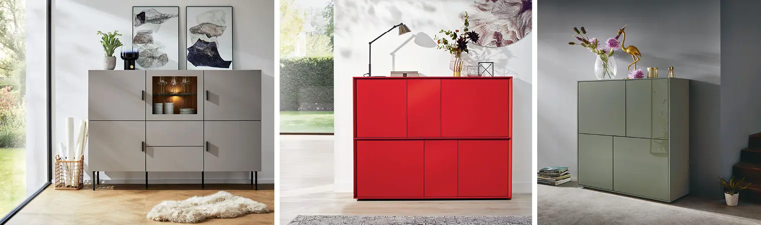 Sideboards und Highboards liefern nicht nur Stauraum fürs Wohnzimmer, sondern können bei passender Farb- und Design-Wahl den Raum auch optisch aufwerten.