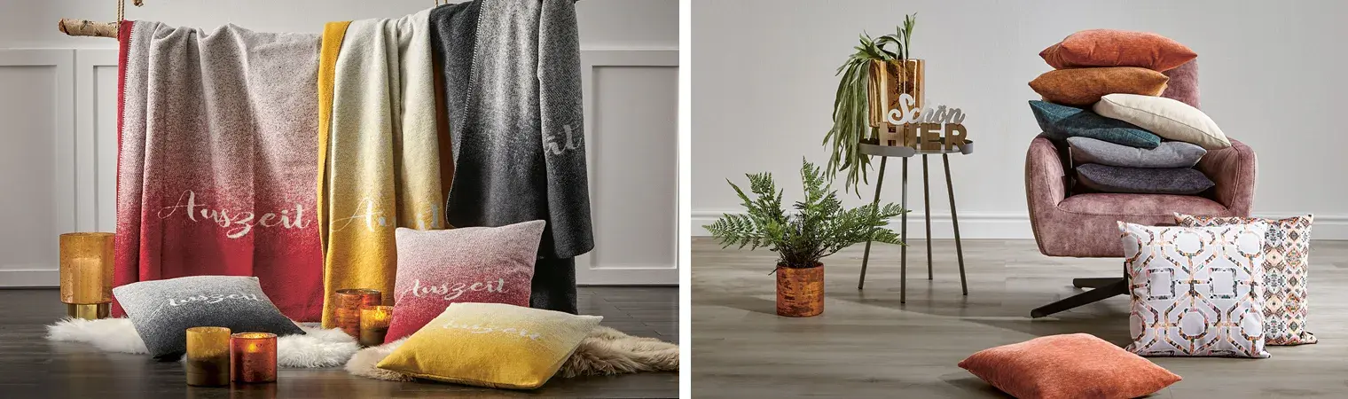 Decken, Tagesdecken, Dekokissen und Kopfkissen geben dem Schlafzimmer einen ganz individuellen Touch.