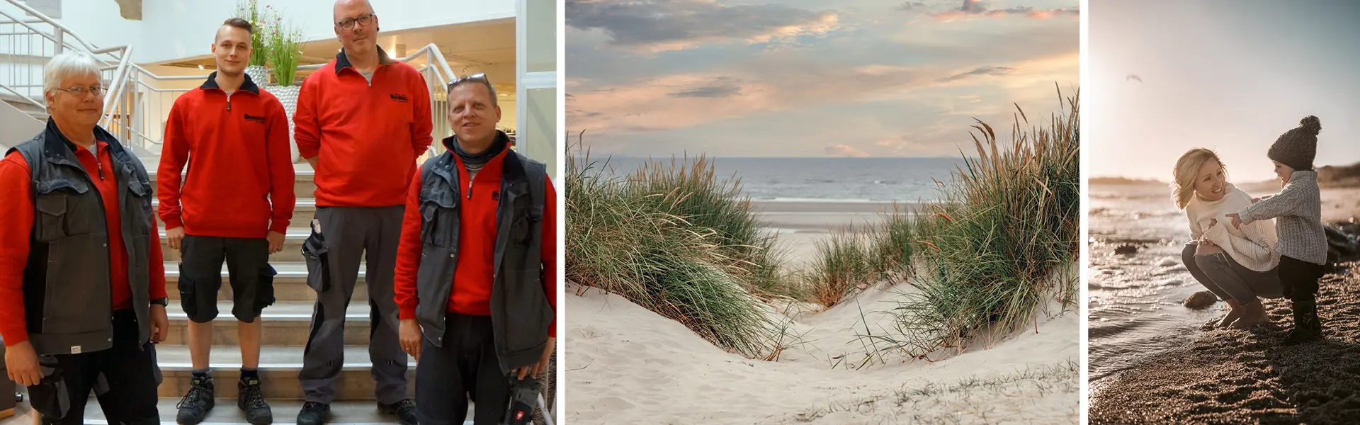 Monteure Möbel Rommel, Frau mit Kind entspannt am Strand mit Dünen in der Abenddämmerung