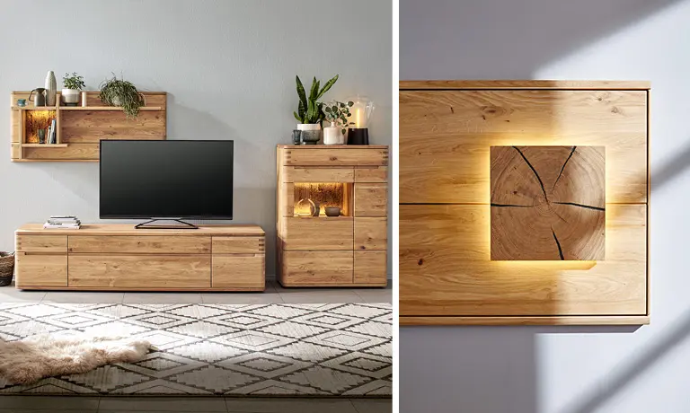 Im Wohnzimmer kommt es auf die Stimmung an. Die passende Beleuchtung der Wohnwand ist dabei sehr hilfreich.