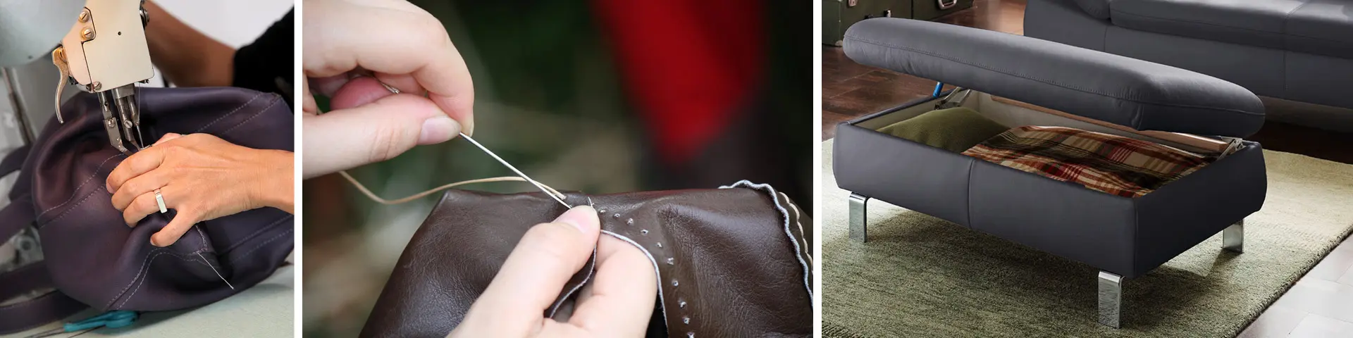 Verarbeitung von Leder als Sofabezug, neu bezogener Hocker