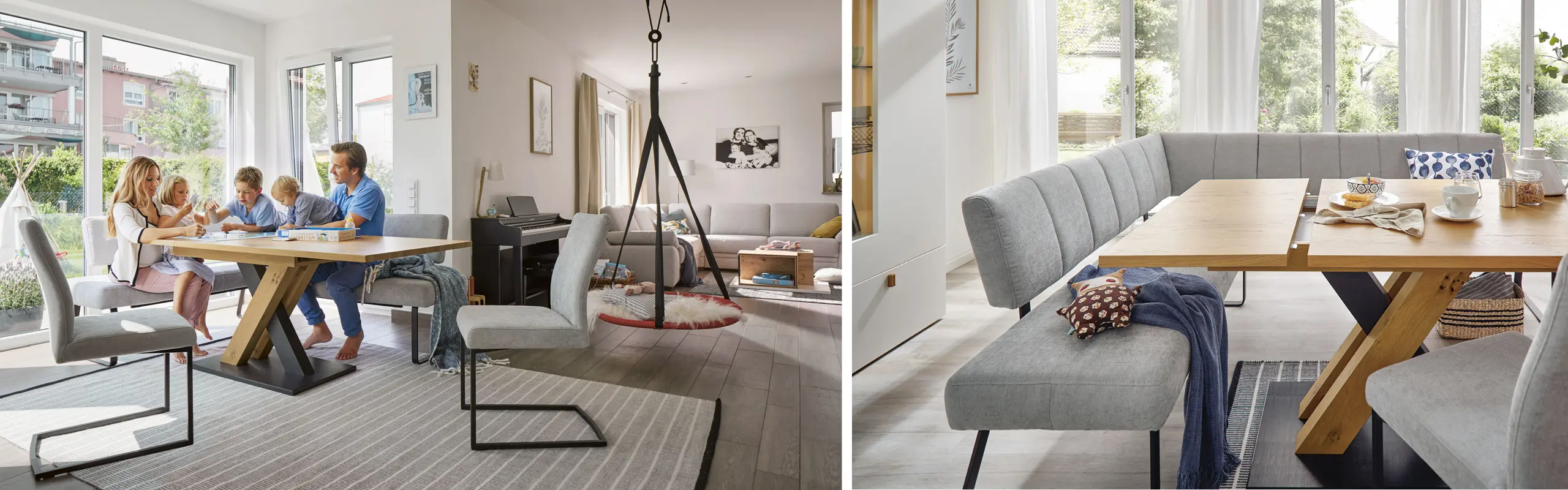 Längst muss eine moderne Eckbank nicht mehr in der Ecke an der Wand stehen. Mitten im Raum macht sie sich sehr gut.