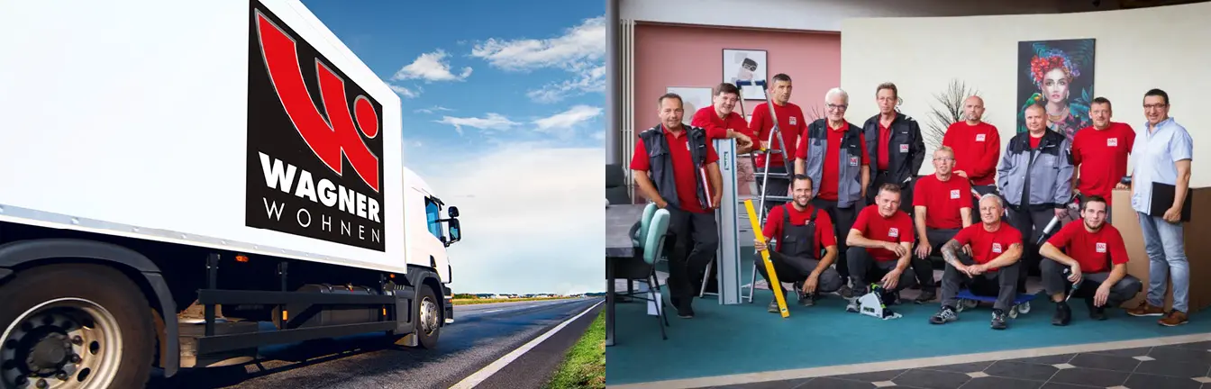 Zwei Bilder, eines mit einem Lastwagen der das Wagner Wohnen Logo trägt und eines mit dem Liefer und Montageteam von Wagner Wohnen.
