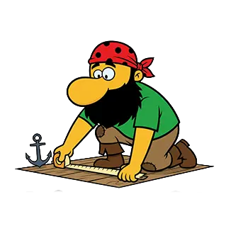 Comic-Pirat mit rotem Kopftuch kniet auf einem Holzbrett und misst es mit gelbem Zollstock, links daneben steht ein grauer Schiffsanker.