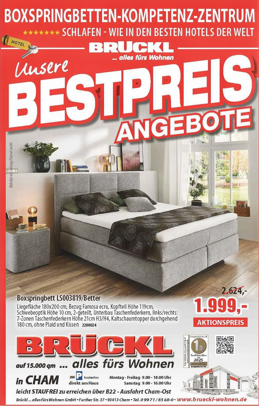 Gemütliche Schlafzimmerszene mit hellgrauem Boxspringbett von Trendstore, kuscheligen Decken und stimmungsvoller Beleuchtung, präsentiert unter dem Angebotstitel „Kuschelkurs“.