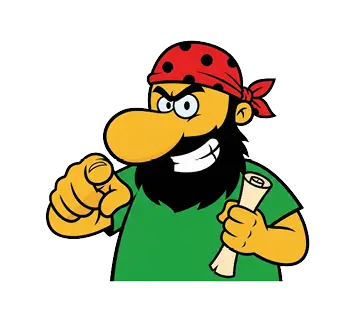 Comic-Pirat mit rotem Kopftuch und schwarzem Bart zeigt mit dem Finger nach vorn und hält in der anderen Hand eine gerollte Pergamentrolle.