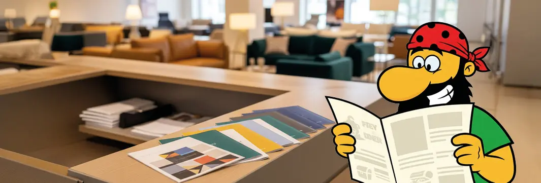 Holztheke mit farbigen Prospekten, rechts Comic-Pirat im grünen Shirt, der ein gefaltetes Blatt vor Sofas und Lampen hält.