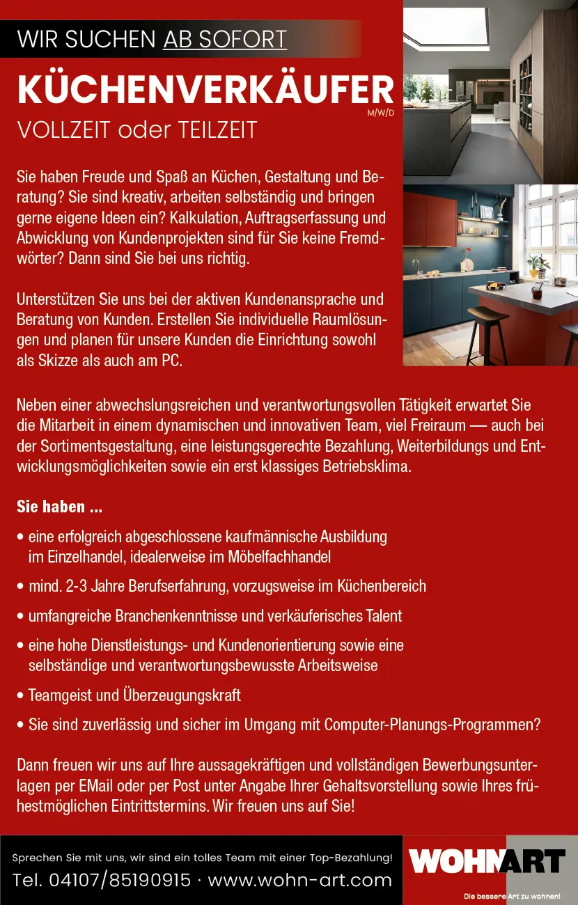 Jobangebot Küchenverkäufer