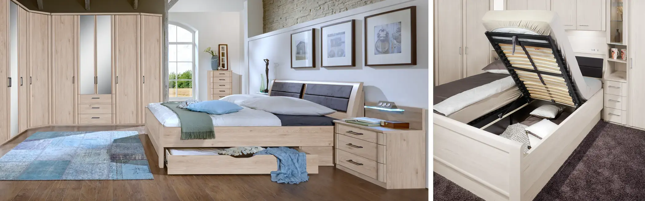 Schlafzimmer mit Holzbett, Kleiderschrank, Schublade und geöffnetem Bettkasten