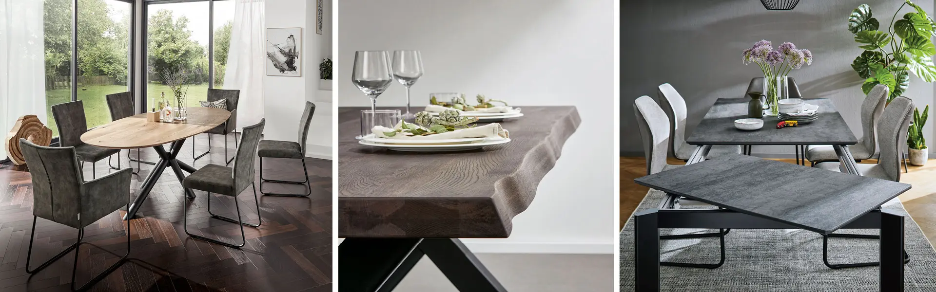 Form, Tischkante und Ausziehfunktion bestimmen die Optik des Esstischs.