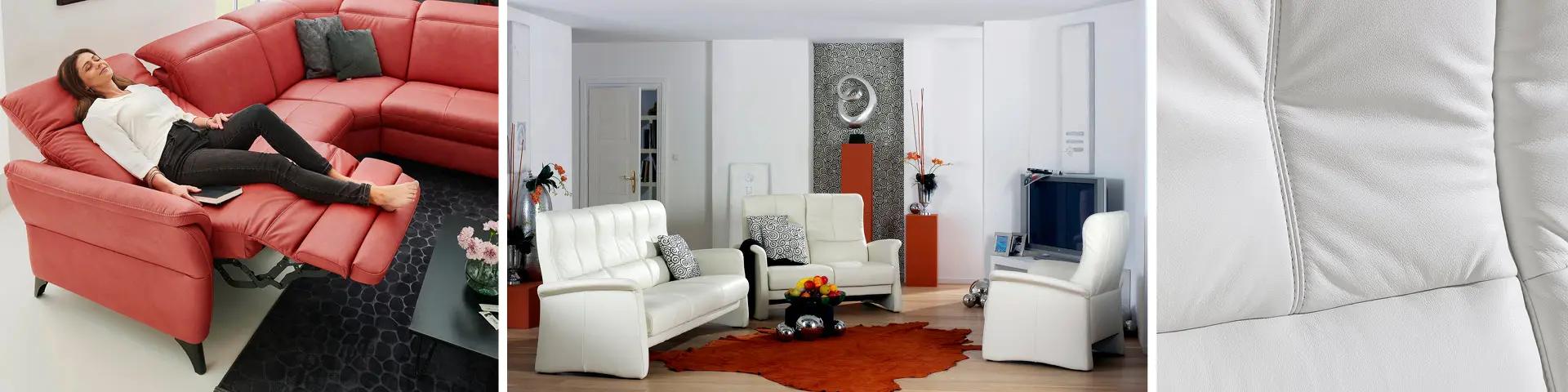 Frau auf Couch mit rotem Sofabezug, weiße Couchgarnitur auf rotem Teppich, Nahaufnahme eines weißen Lederbezugs für das Sofa.