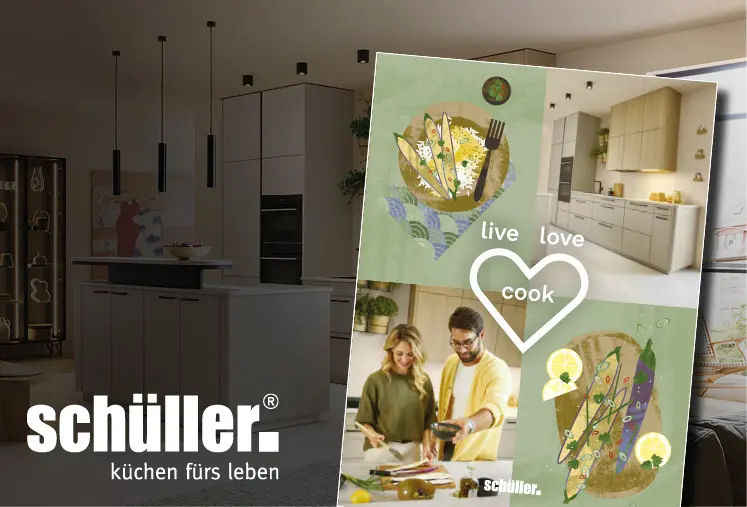 Collage mit Küchenmotiven und Schriftzug „live love cook“