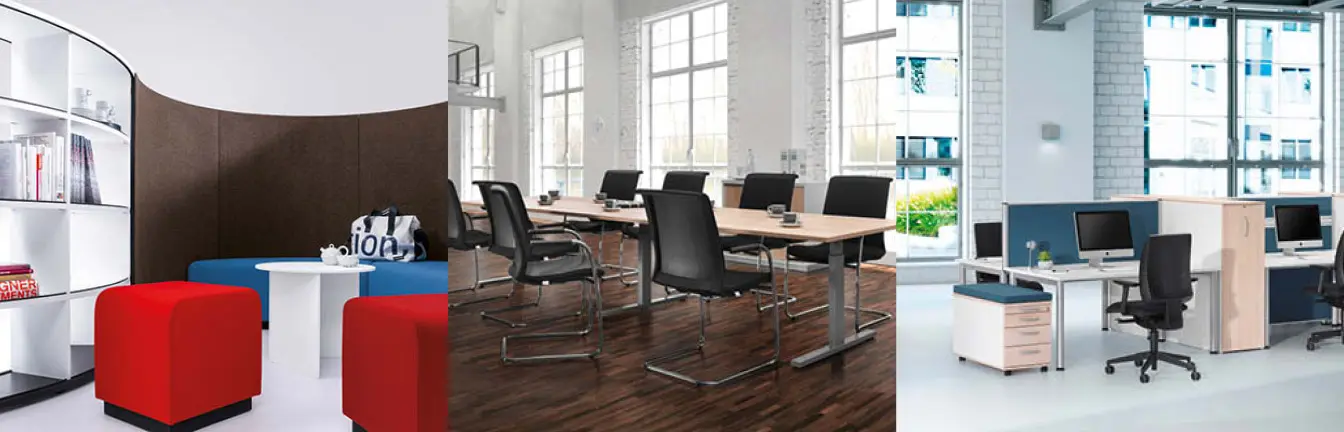 Moderne und kreative Büromöbel in drei Ansichten.