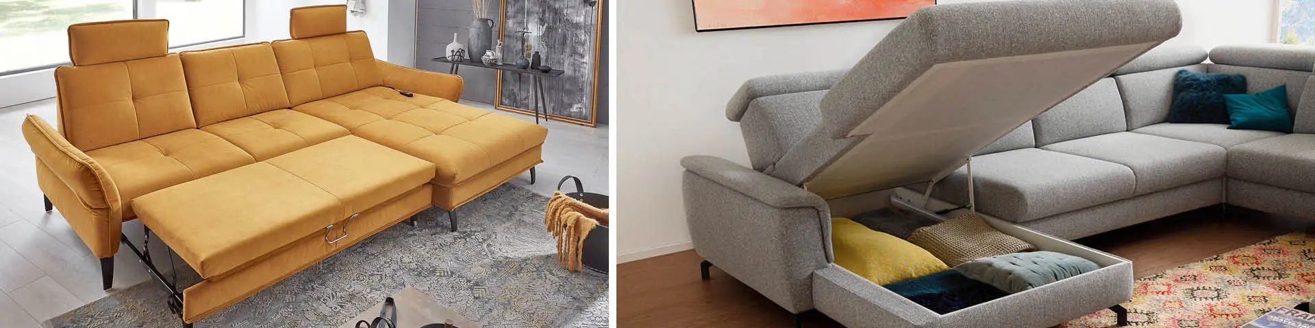 Schlafsofas mit und ohne Bettkasten lassen sich im Wohnzimmer schnell zum Gästebett umfunktionieren. 