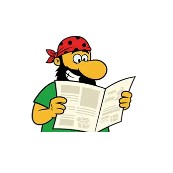 Comic Pirat mit rotem Kopftuch und schwarzem Bart liest Zeitung