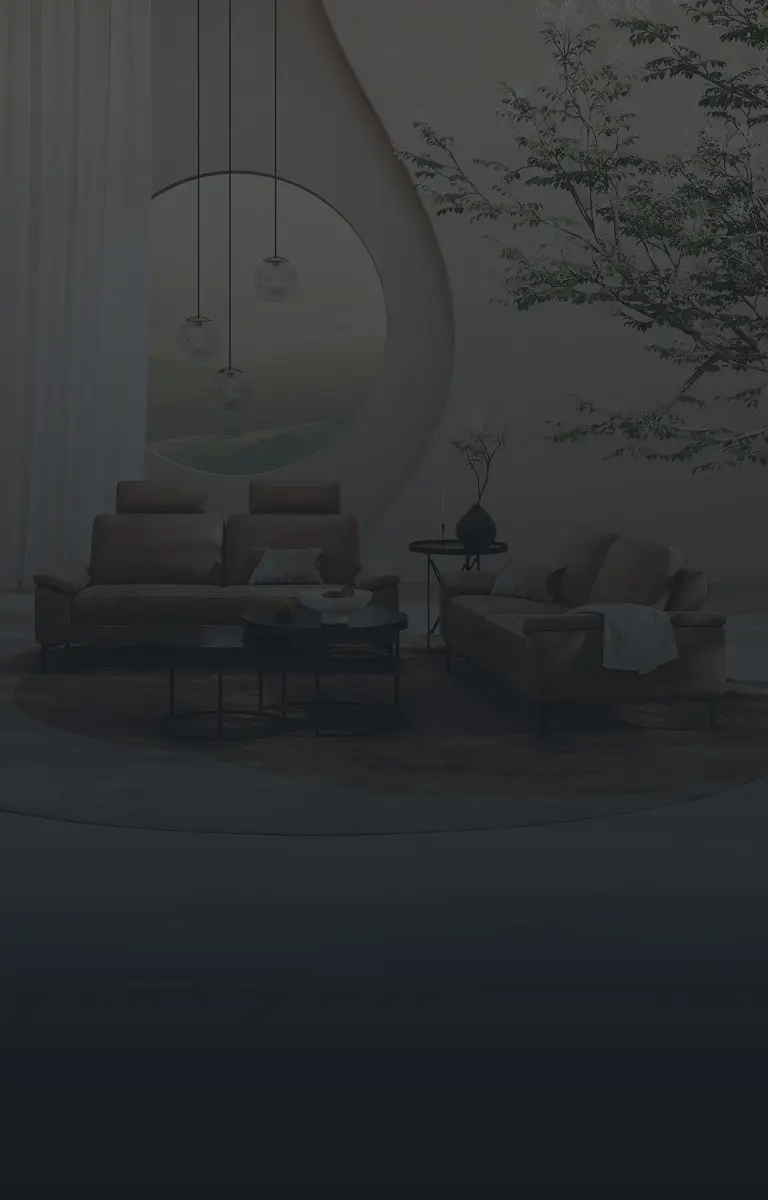 Hochwertige braune Comfort Republic Ledersofas vor edlem Foto-Set mit Baum und Couchtisch