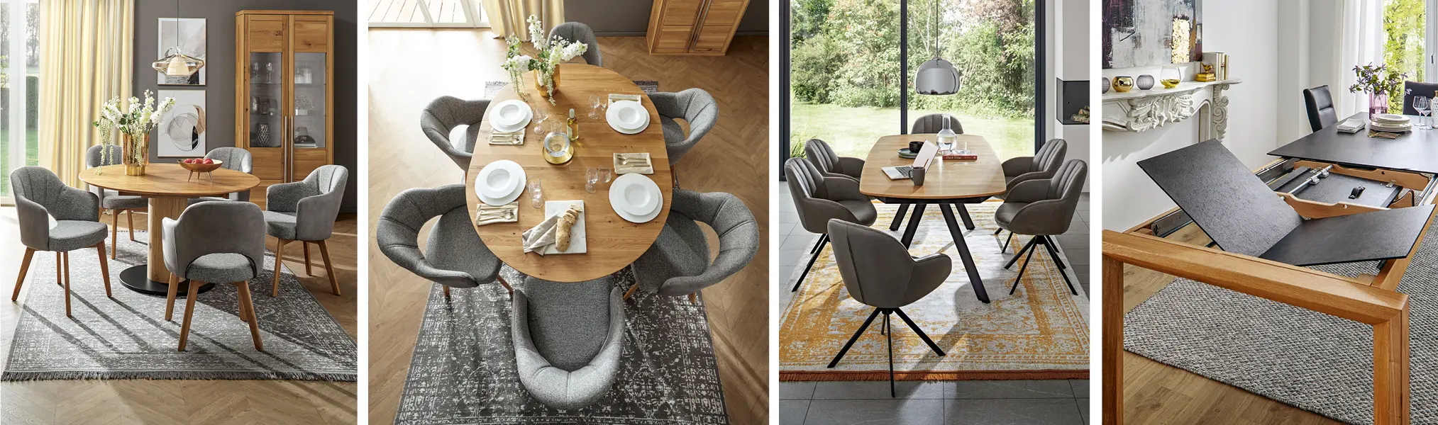 Aus rund wird oval, wenn der Esstisch ausziehbar ist. Die Bootsform und eckige Esstische sind ebenfalls beliebt.