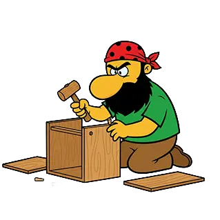 Comic-Pirat mit Holzhammer kniet vor einem offenen Schrankkorpus als Holz-Möbelstück und schlägt Holzdübel ein, daneben liegen weitere Holzbretter und Dübel.