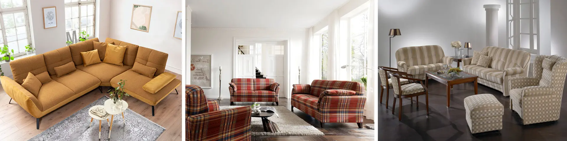 Sofa in der Farbe Curry auf Holzfußboden, Couchgarnitur mit Bezugsstoff im Schottenmuster auf hellem Teppich und Sofas mit Sessel und Hocker im Landhausstil auf dunklem Fußboden