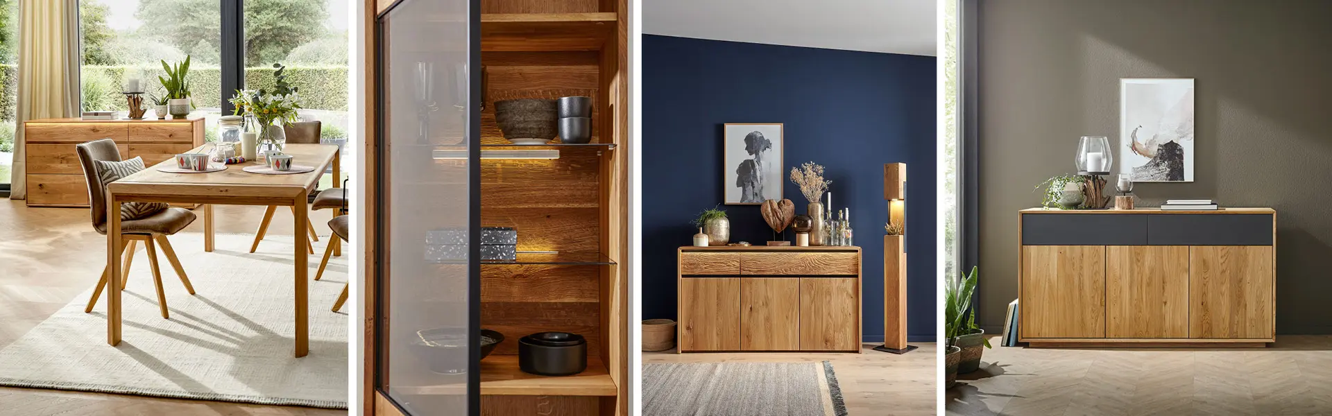 Sideboards und Vitrinen aus Holz mit toller Beleuchtung sehen gut aus in Ihrem Esszimmer.