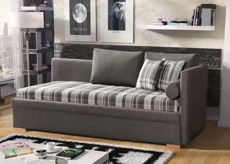Graues Schlafsofa mit karierter Tagesdecke, Kissen, Teppich und Wandbildern