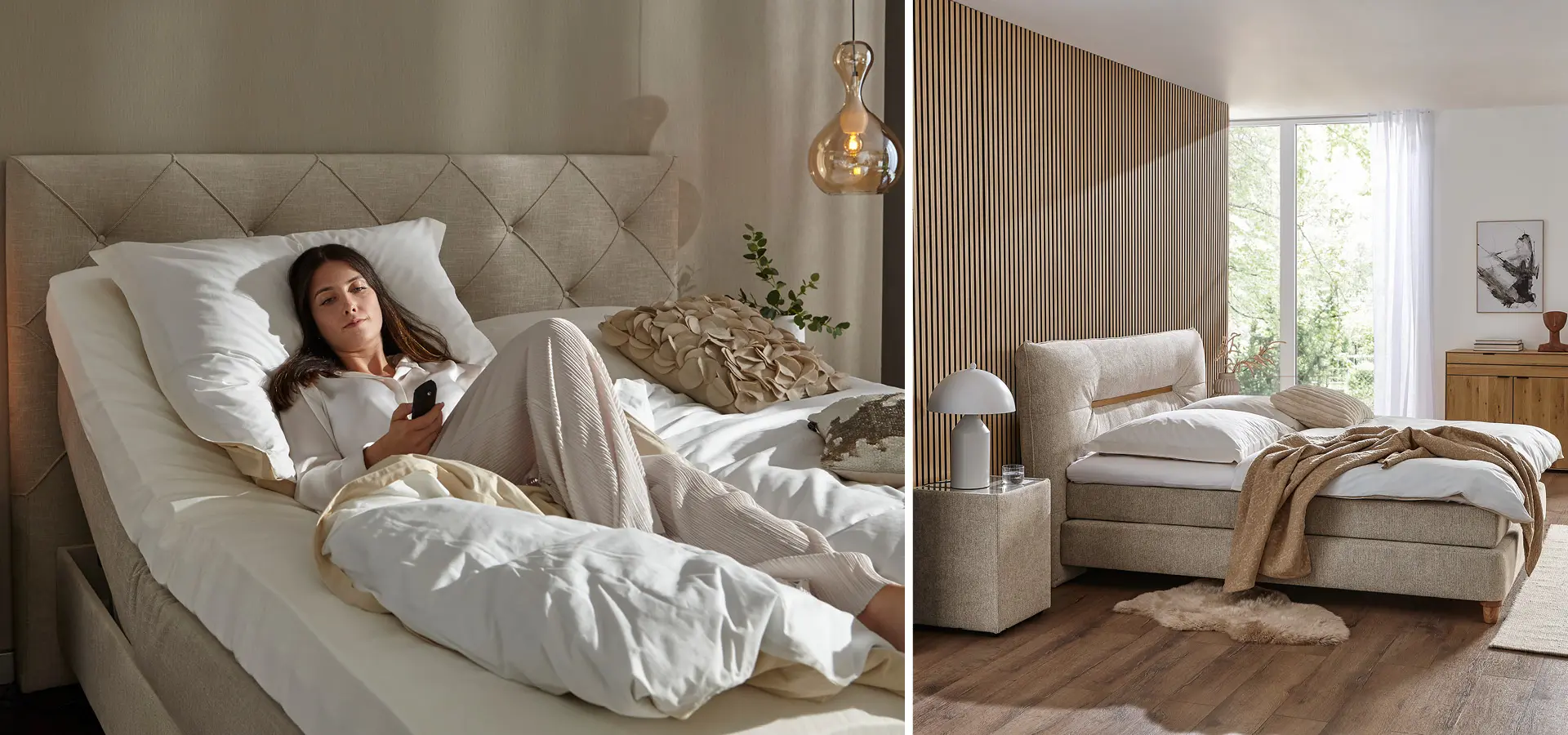 Frau mit Fernbedienung im Boxspringbett, elektrisch verstellbares Bett mit Kissen und Bettdecke