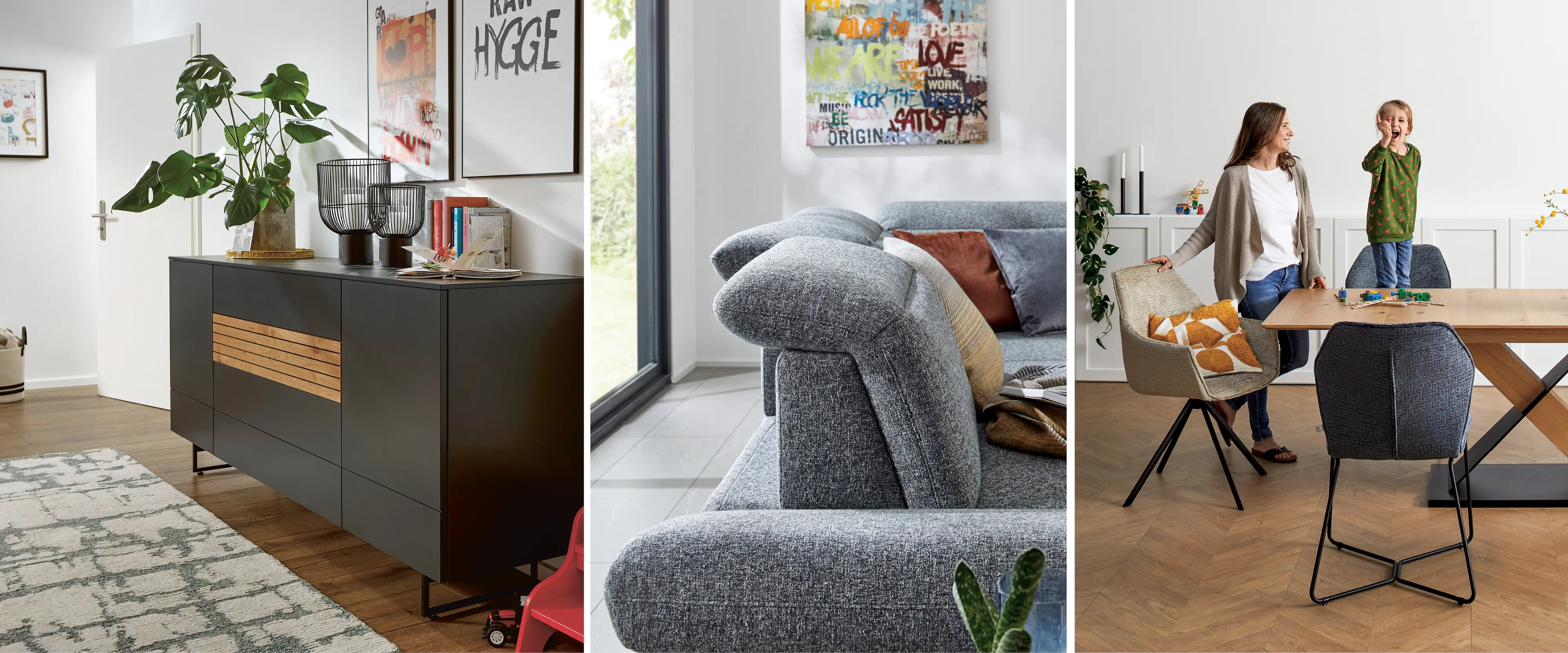 Modernes schwarzes Sideboard Sofa von Global Family mit Dekoelementen, Holztisch mit Stühlen