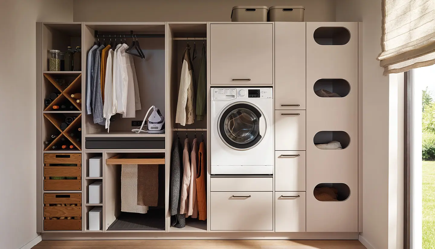 Hauswirtschaftsraum mit Stauraumlösung, Waschmaschine und offener Garderobe.