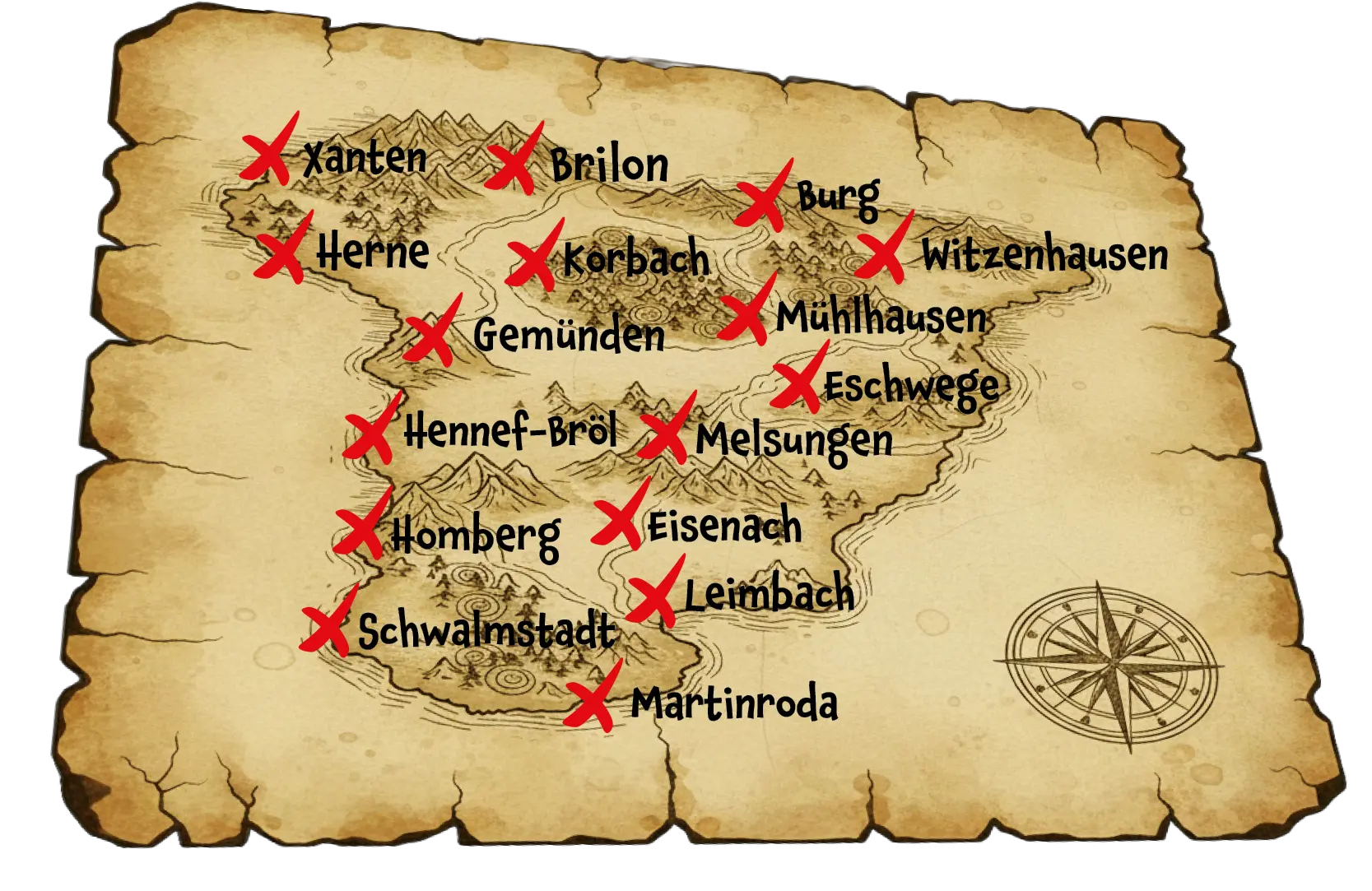 Illustrierte Schatzkarte auf Pergament mit Ortsnamen wie Xanten, Kassel, Eisenach und Bad Langensalza, vielen roten Kreuzen und Windrose unten rechts.